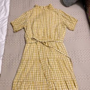 Modest yellow checkered midi dress w high neck